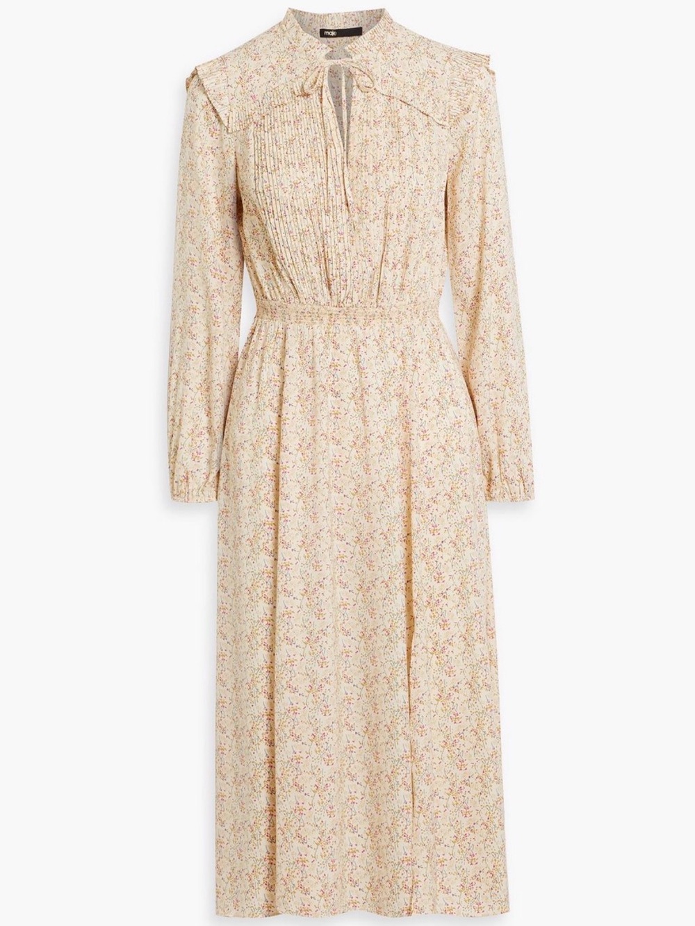 Maje Cream Floral Tie-Neck Long-Sleeve Midi Dress